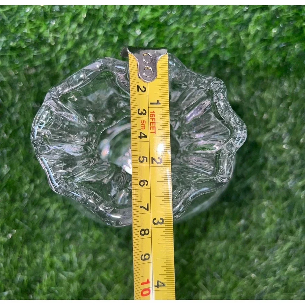 Clear Glass Drawstring Bag Pouch Vase Ruffled Rim Ribbed Texture 7in